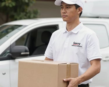 A friendly courier handing a package to a smiling customer at their doorstep.