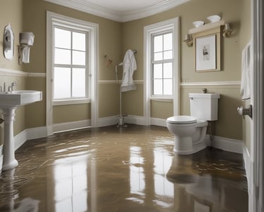 Flooded bathroom interior with standing water and toilet, illustrating emergency plumbing services i