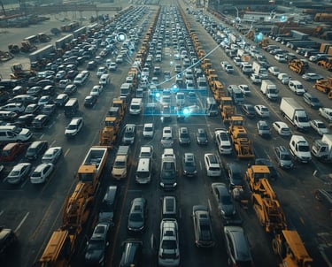 a large amount of cars are parked in parking