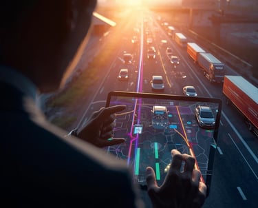 a man is holding a tablet computer and looking at a city street