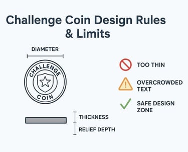 Challenge coin design rules showing diameter, thickness, relief depth, and safe design limits