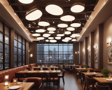 An abstract architectural design featuring pointed geometric patterns and circular light fixtures, creating a visually complex and textured surface. Soft, indirect lighting enhances the intricate details of the structure.