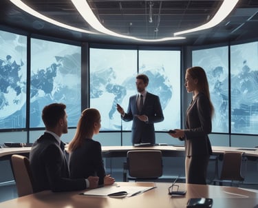 A professional consultation setting with a medical professional sitting at a desk facing a client. The room has a modern aesthetic with white walls decorated with framed certificates. The desk is organized with office supplies, a laptop, and a fruit bowl in the center.