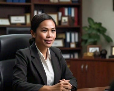 a woman in a suit and tie sitting at a desk
