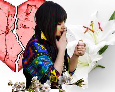 a woman with a broken heart and a cigaret in her hand surround by flowers