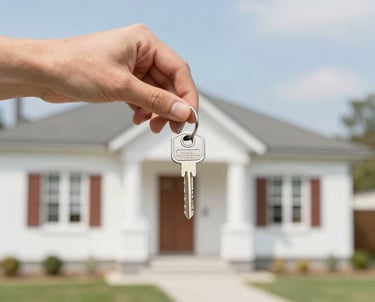 A friendly agent handing over keys to happy tenants outside a charming UK townhouse.