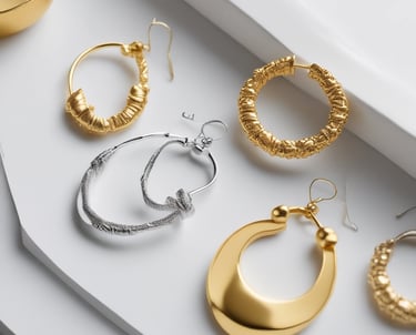 Minimalist gold and beige earrings displayed on a soft cream fabric background