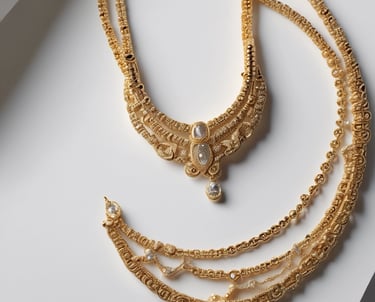 Simple and elegant necklaces with golden tones laid out on a white marble surface