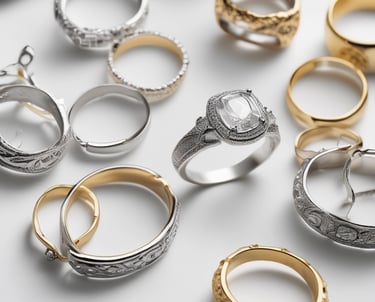 Close-up of elegant gold and beige minimalist jewelry pieces arranged on a white textured surface