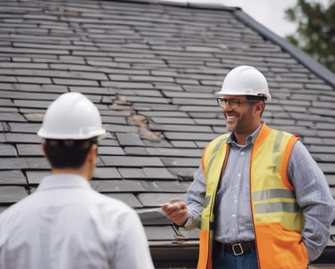 A friendly marketing consultant discussing strategies with a roofing business owner in a bright office.
