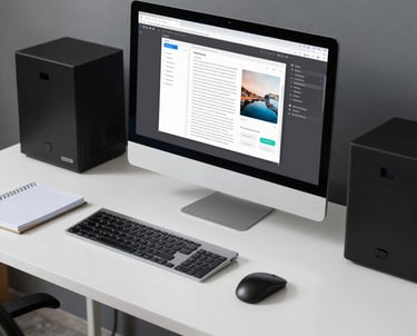 A creative workspace with sketches, a laptop displaying graphic design software, and photography equipment.