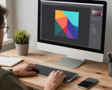 A creative workspace with a laptop, sketchbook, and camera, reflecting a graphic designer's environment.