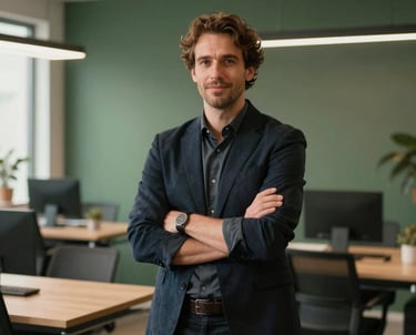 A professional creative director in a modern European / Portuguese office, minimal Scandinavian interior, warm lighting, Matte Forest Green accents in the background.
