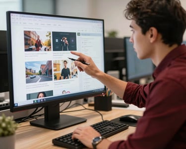 A social media manager reviewing content on a screen in a professional European / Portuguese office environment, Deep Ripe Crimson design elements on the desk.