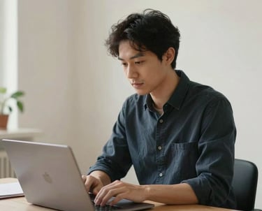 A digital marketing strategist working on a laptop in a bright European / Portuguese studio, Crisp Parchment walls, professional atmosphere, minimalist decor.