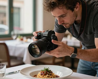 A food photographer adjusting lighting for a dish in a European / Portuguese restaurant setting, high-end camera equipment, natural soft light, professional focus.
