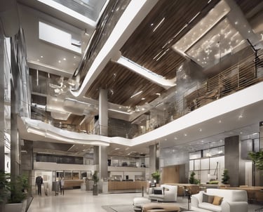 a large lobby area with a couch and a large glass ceiling