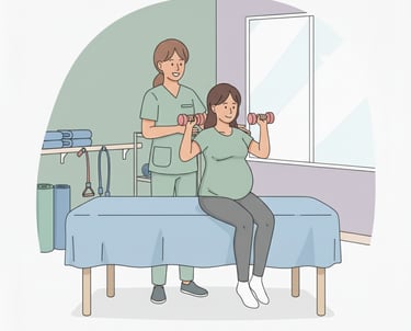 Se muestra a una mujer embarazada levantando pesas en una habitación de una clínica de fisioterapia.