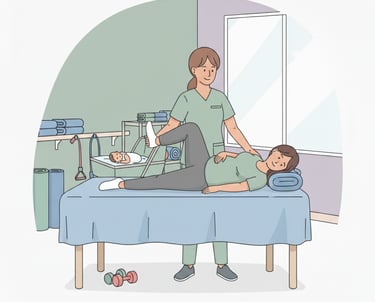 Se muestra a una mujer en el postparto en una habitación de una clínica de fisioterapia.