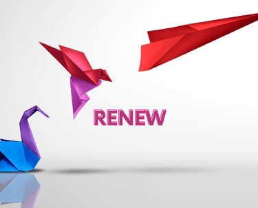 a paper swan transforms into a paper plane over the words renew