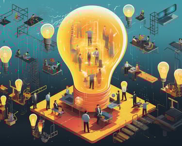 a group of people standing around a light bulb