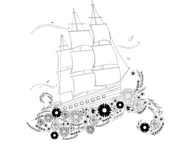 black and white line art ship and flowers