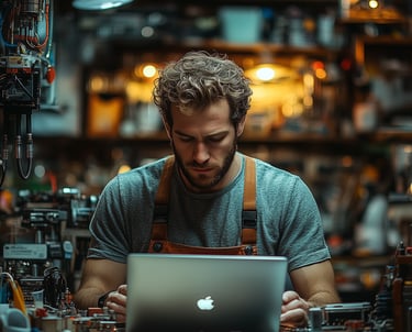 a man working on a laptop computer in a workshop