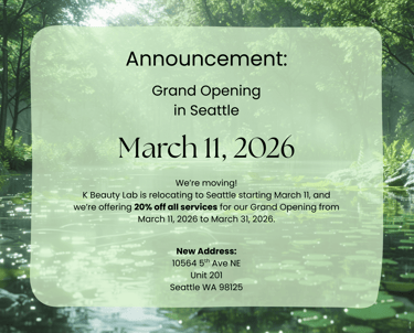 K Beauty Lab Seattle grand opening announcement for March 11, 2026, featuring a forest pond background.