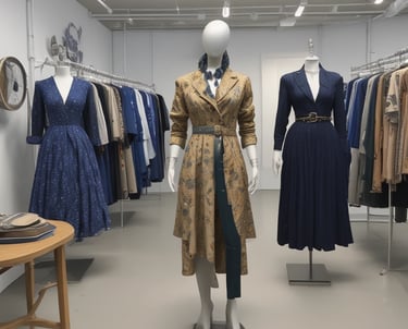 Dimly lit storefront of a clothing shop with the brand name visible above the entrance. The closed shop is surrounded by dark and subdued lighting, with some illuminated fixtures creating a warm glow. Metal structures or decor elements are placed in the foreground.