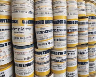 Crinkled brown paper packages are neatly arranged on a wooden surface. The packages have handwritten text on them, possibly denoting a brand, with a clear, simple stamp-like design.