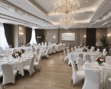 a large room with tables and chairs and a chandelier