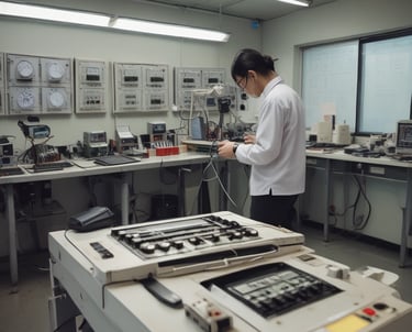 A laboratory setting featuring advanced water purification equipment and storage cabinets. The lab is clean and organized with several machines on a black countertop. There are large storage units in the background.
