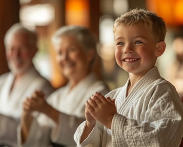 young martial artist with grandparents in the background