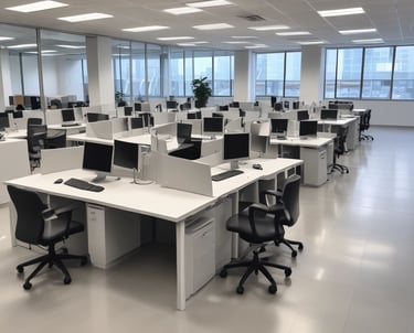 Two window cleaners are suspended by ropes, working on cleaning the glass windows of a tall building. Each cleaner is equipped with tools and a bucket, skillfully moving along the facade with safety harnesses. The building features reflective blue-tinted glass panels, creating a striking geometric pattern.