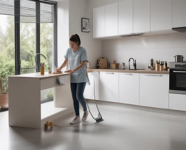 A person is mopping the floor in a clean and sterile-looking environment, possibly a hospital or laboratory. The setting includes a blue door, a cleaning cart, and stainless steel furniture.