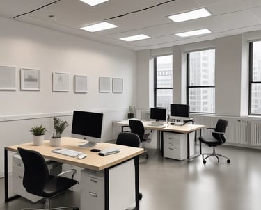 A sunlit patio with terracotta tiles is adorned with cleaning equipment, including a wet and dry vacuum, containers of cleaning solutions, and a pressure washer. A portion of a white car is visible near a hedge-lined driveway, while lush green vegetation and a manicured lawn provide a backdrop.