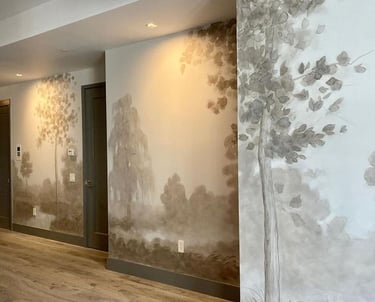 house of akaya India designed hallway with a wall mural of a tree