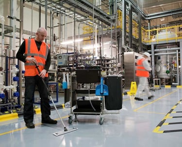 a man in a safety vest cleaning a floor