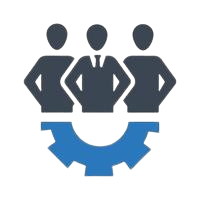 a group of business people standing in front of a blue and white sign that says