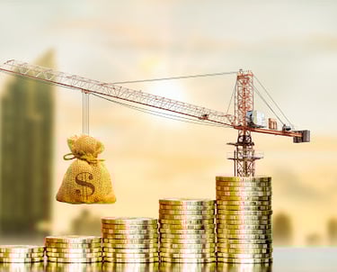 a craned over a pile of coins with a crane in the background