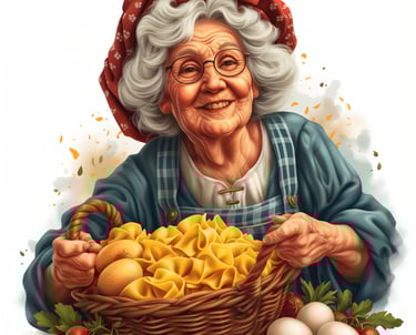 alt="Mascotte grand-mère pour marque de pâtes - Création CCA Studio"