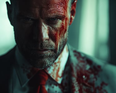 a man with a bloody face and blood splattered on his face