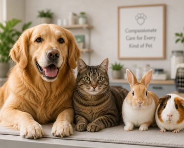 alt="Rabbit and guinea pig receiving care at a calm veterinary clinic"