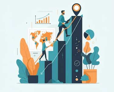 a man and woman climbing up a ladder to reach a chart