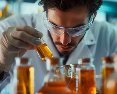 a man in a lab coat and goggles holding a bottle of liquid