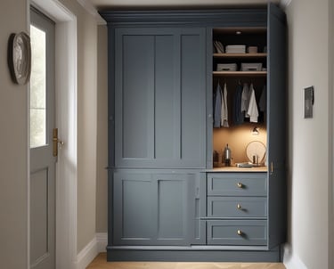 A person is working in a workshop, surrounded by various woodworking tools and materials. There are wooden panels, a measuring square, and a circular saw on the table. The floor is a rich brown wood, and beams of light create patterns on the surface.