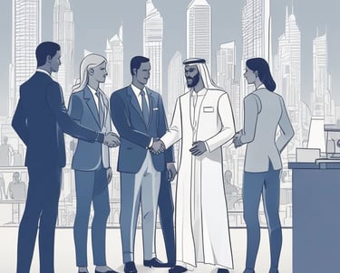 A modern office space with professionals collaborating on business strategies.