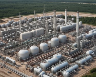 A large industrial facility is emitting thick clouds of white smoke, suggesting active production or power generation. A single wind turbine stands prominently in the foreground, juxtaposing the traditional industrial architecture with renewable energy technology. The sky is overcast with heavy, grey clouds, adding a somber tone to the scene.