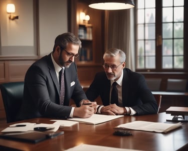 A lawyer consulting with a client in an office setting.