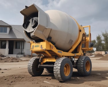 A construction site scene with a worker handling a large yellow concrete funnel suspended by a chain. Several stacks of precast concrete slabs are visible in the background. The ground is covered with construction materials and equipment.